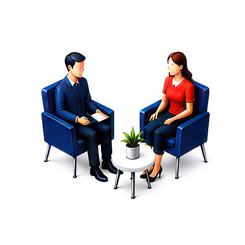 Logo of two people in chairs.
