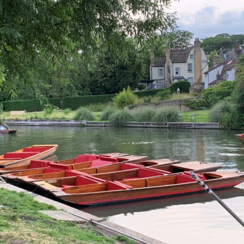Punts set up by the River Cam in Cambridge on a hot day.