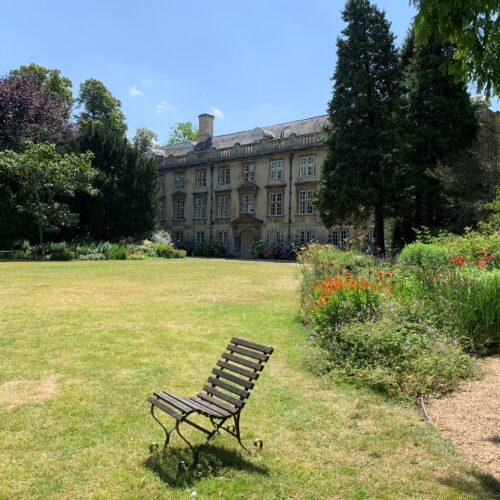 The Fellows' Garden at Christ's College featuring a chair next to the beautiful flowers and borders.