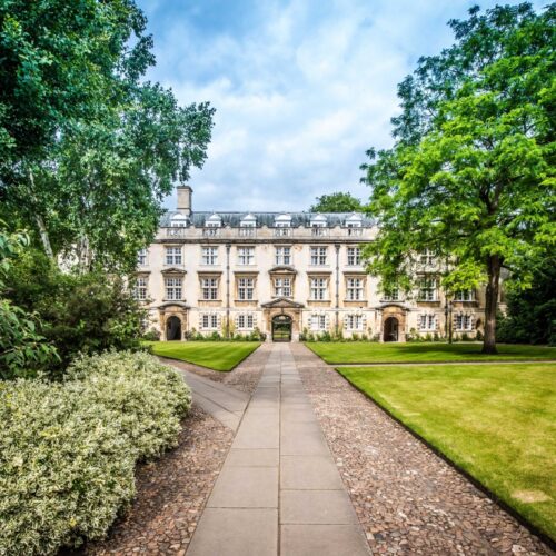 View of Second Court at Christ’s College, Cambridge, with traditional stone architecture and a neatly maintained courtyard lawn.