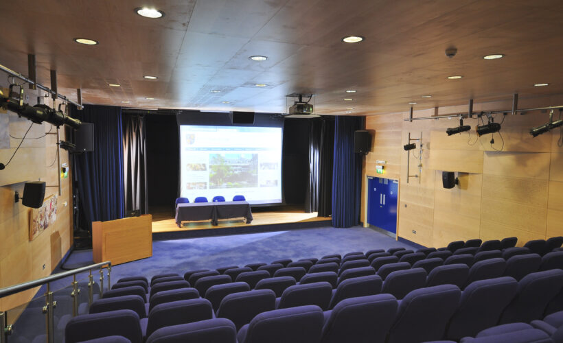 Yusuf Hamied Theatre, Christ's College, Cambridge. Looking at the stage from the seated area. This theatre at Christ's College hosts many special events and talks.