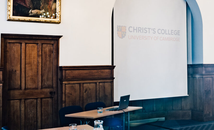 The Lloyd Room at Christ's College, Cambridge set up with a projector. A light airey room ideal for seminars and meetings.