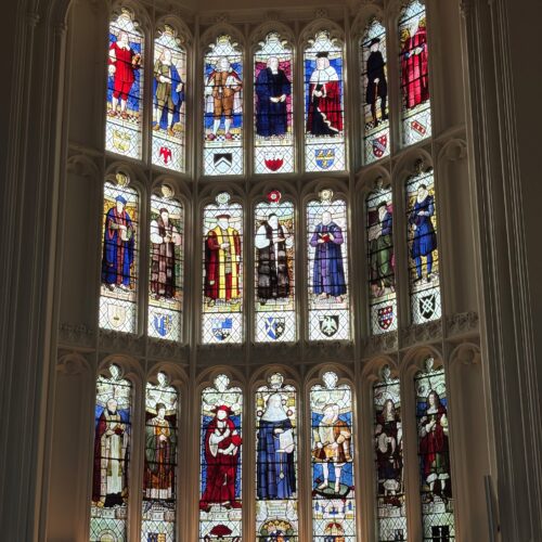 The stained glass window in the Great Hall at Christ's College featuring Lady Margaret Beaufort - our Founder.