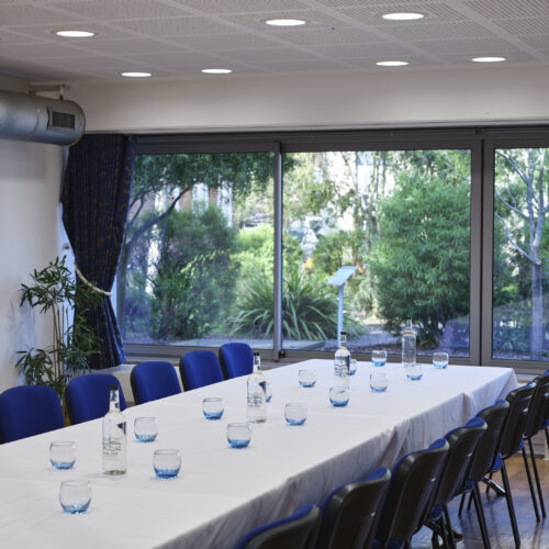 TV Meeting Room set up in boardroom style with glasses and water and a view of the Darwin Garden at Christ's College. A small meeting room in Cambridge.