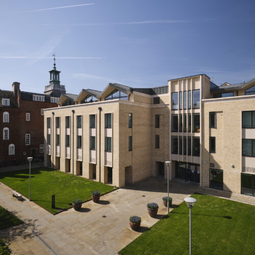 An outside shot of Yusuf Hamied Court on a sunny day. Corporate meeting spaces in Cambridge