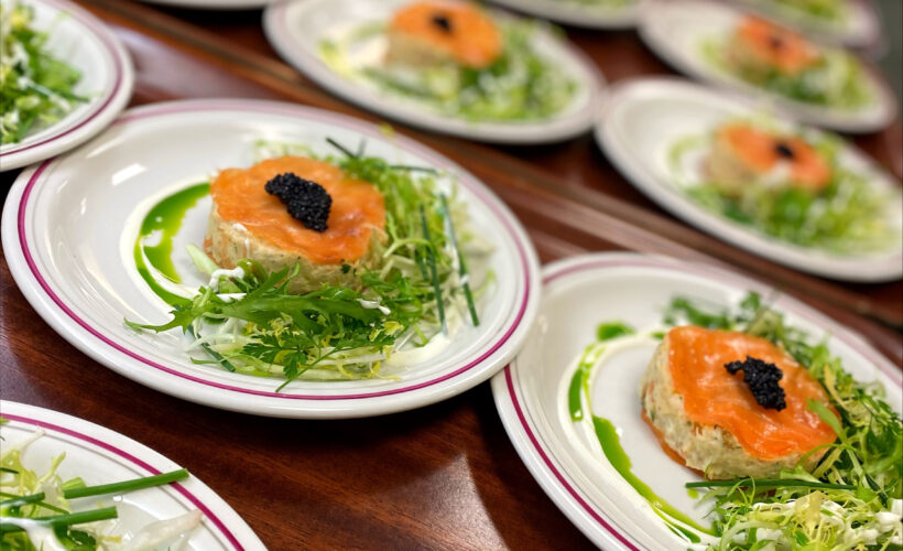 Smoked Salmon and Crab Tian with Creme Fraiche and Dill Oil