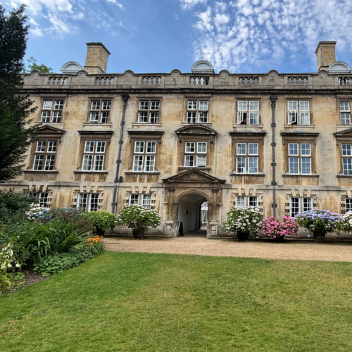 The Fellows' Building in the Fellows' Garden at Christ's College, in the sunshine with a Hydrangea border of pink, blue and cream.