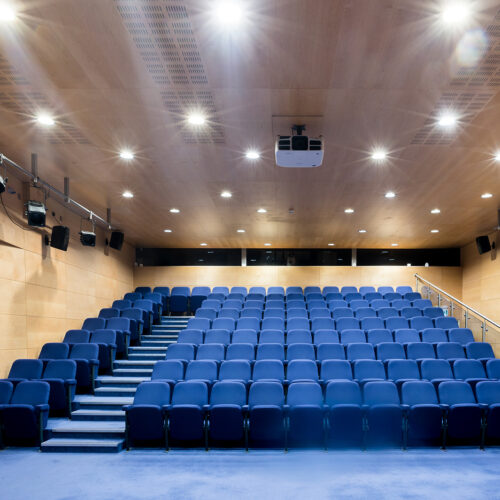 Seats in the Yusuf Hamied lecture theatre at Christ's College. A lecture theatre in Cambridge